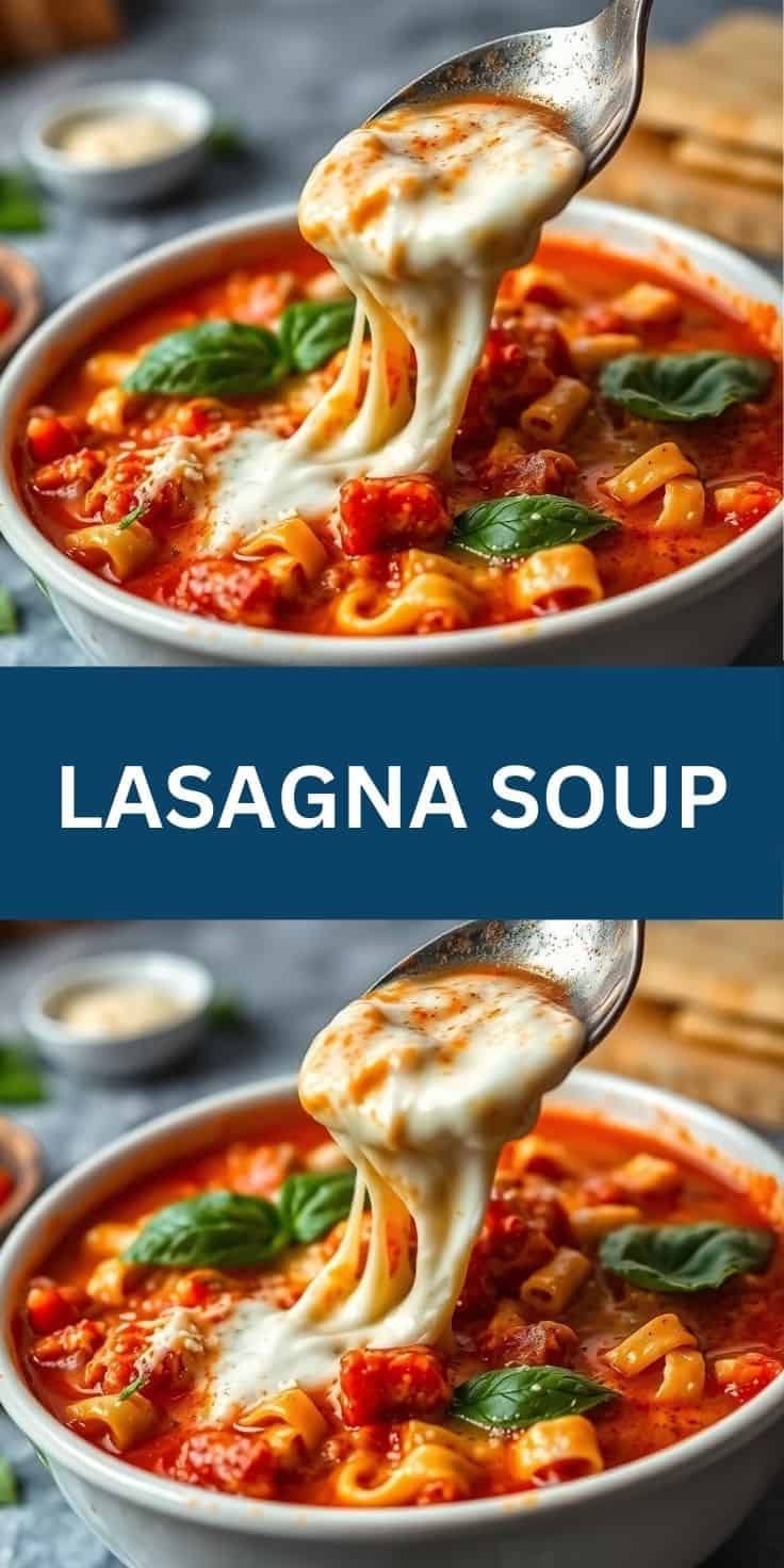 Lasagna soup in white bowl with melted cheese, red tomato broth, pasta, and fresh basil garnish.