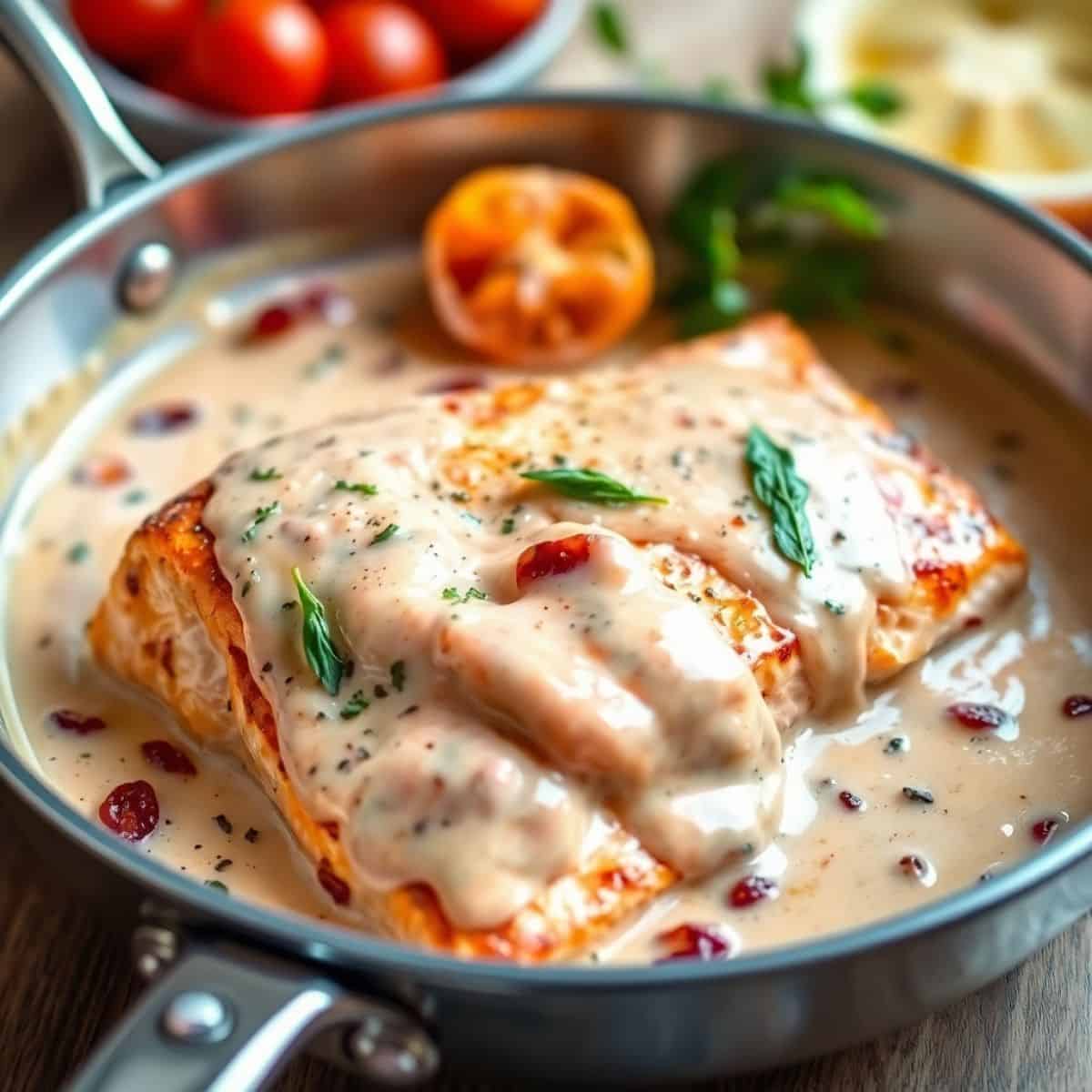 Creamy pan-seared salmon fillet with peppercorn sauce, fresh herbs, and red pepper flakes in skillet.