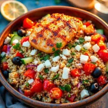 Grilled chicken breast on Mediterranean quinoa salad with tomatoes, olives, feta, and fresh herbs in terracotta bowl.