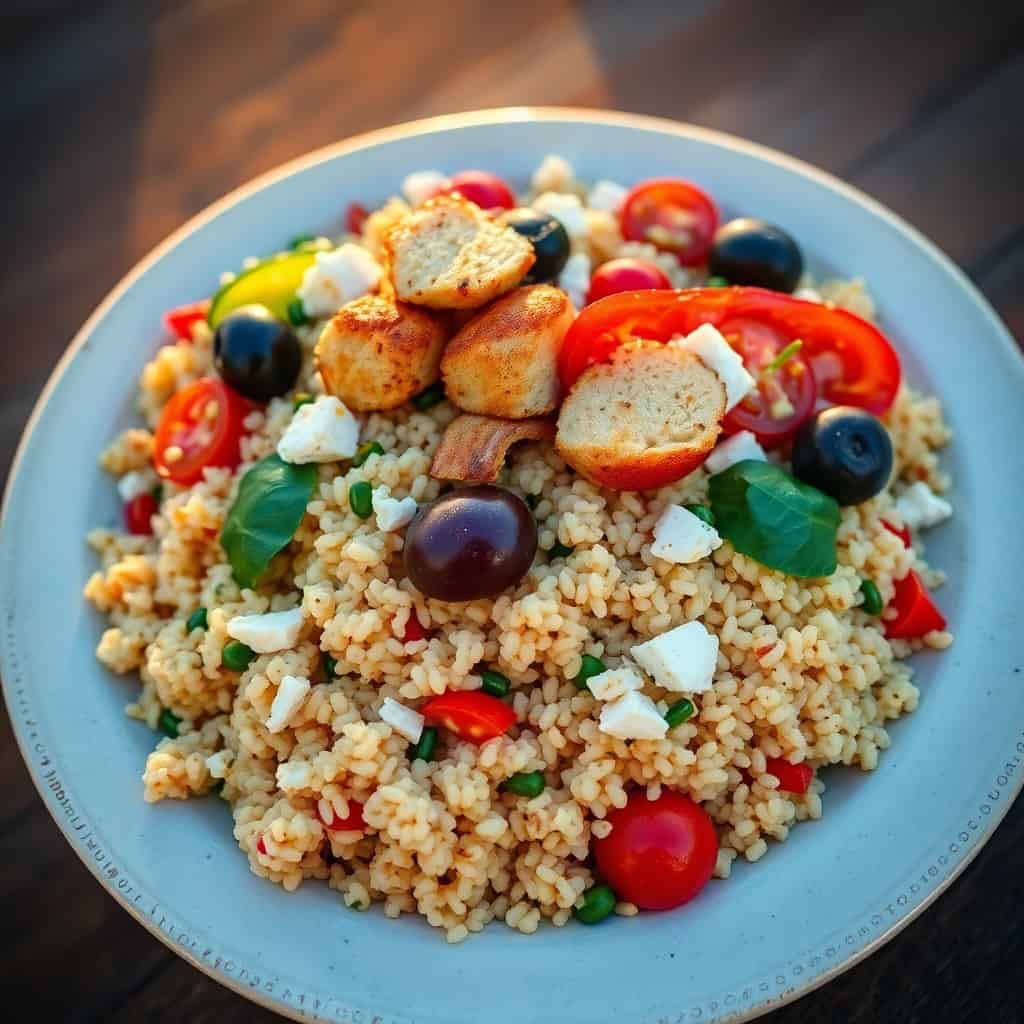 Mediterranean quinoa salad with grilled chicken, topped with olives, tomatoes, feta, and fresh herbs on blue plate.