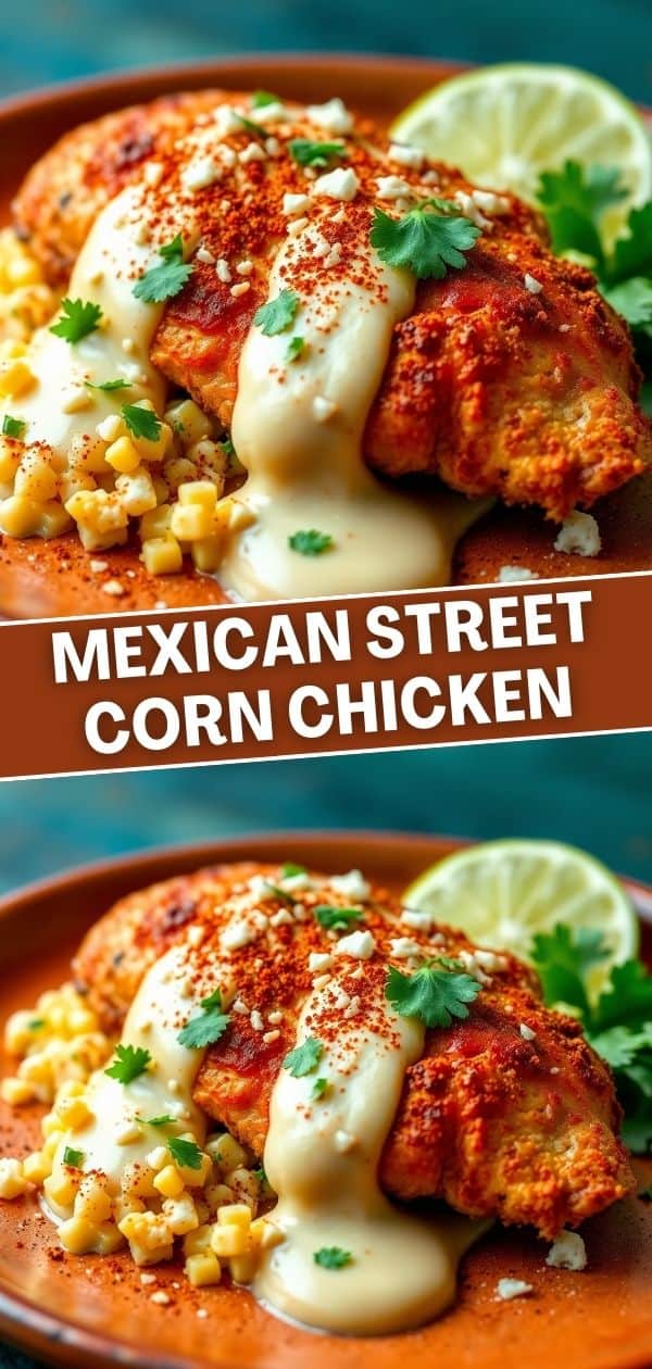 Mexican street corn chicken with creamy sauce, corn kernels, cilantro, lime, on terracotta plate.