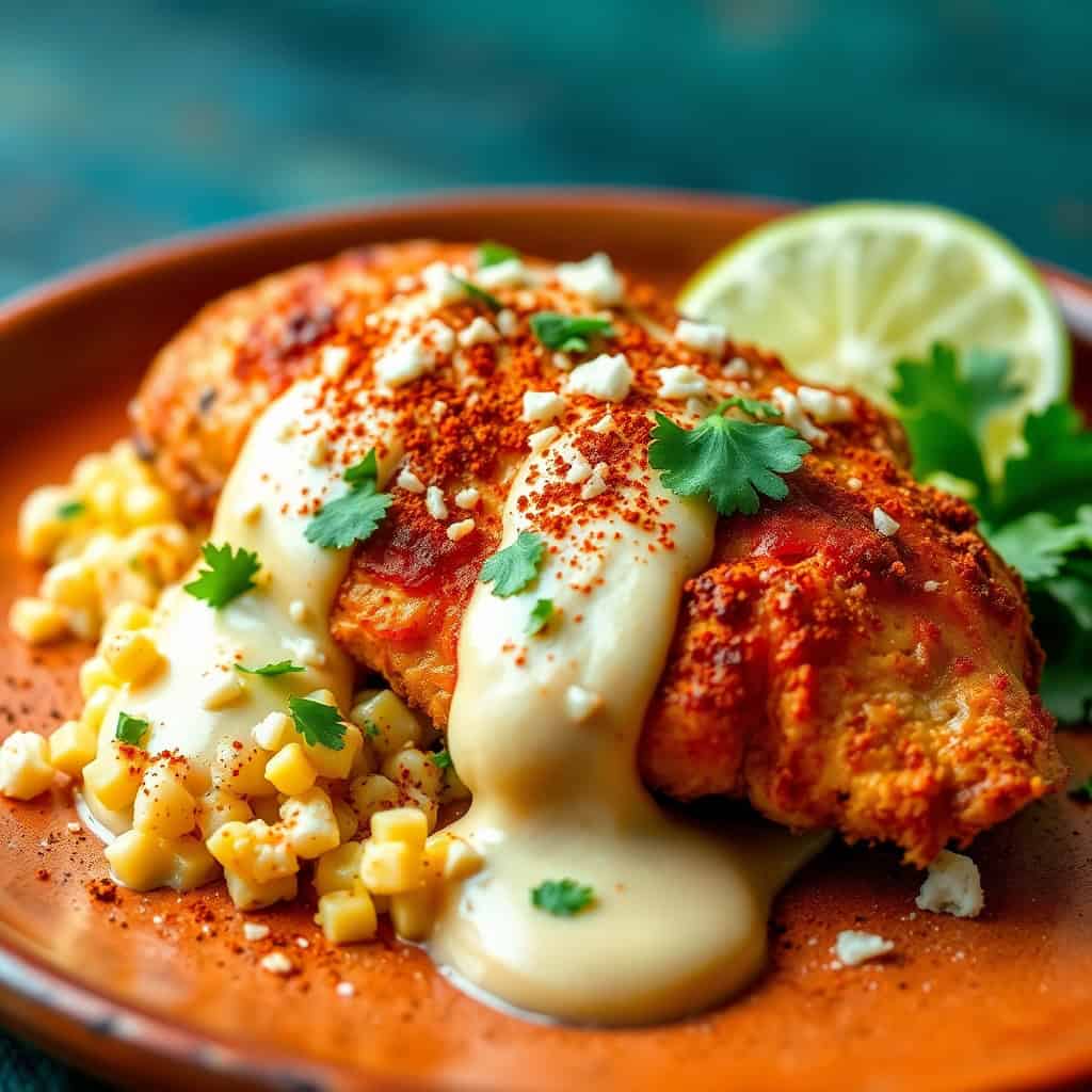 Mexican street corn chicken on terracotta plate with lime, cilantro, and creamy sauce drizzle.