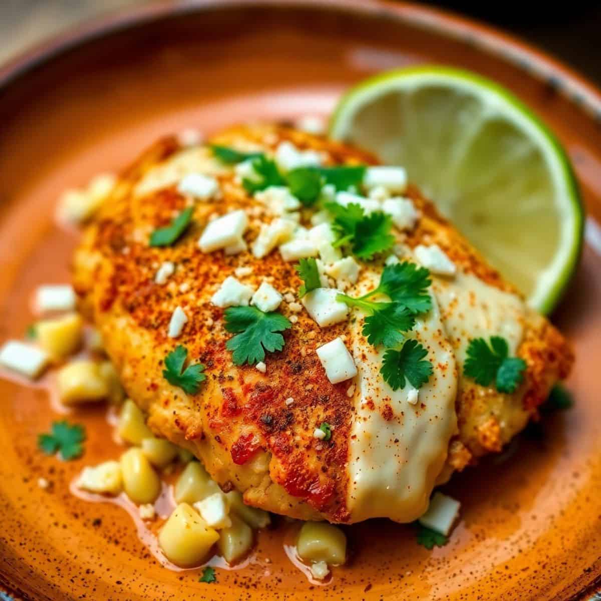 Mexican street corn chicken with spiced crust, corn kernels, cilantro, queso fresco, and lime on terracotta plate.