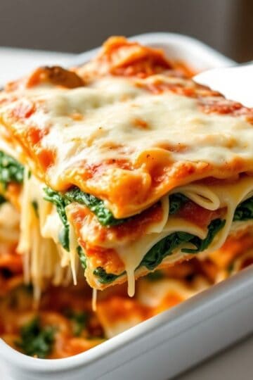 Million Dollar Spaghetti Squash Pasta with melted cheese, spinach, and tomato sauce in white baking dish.