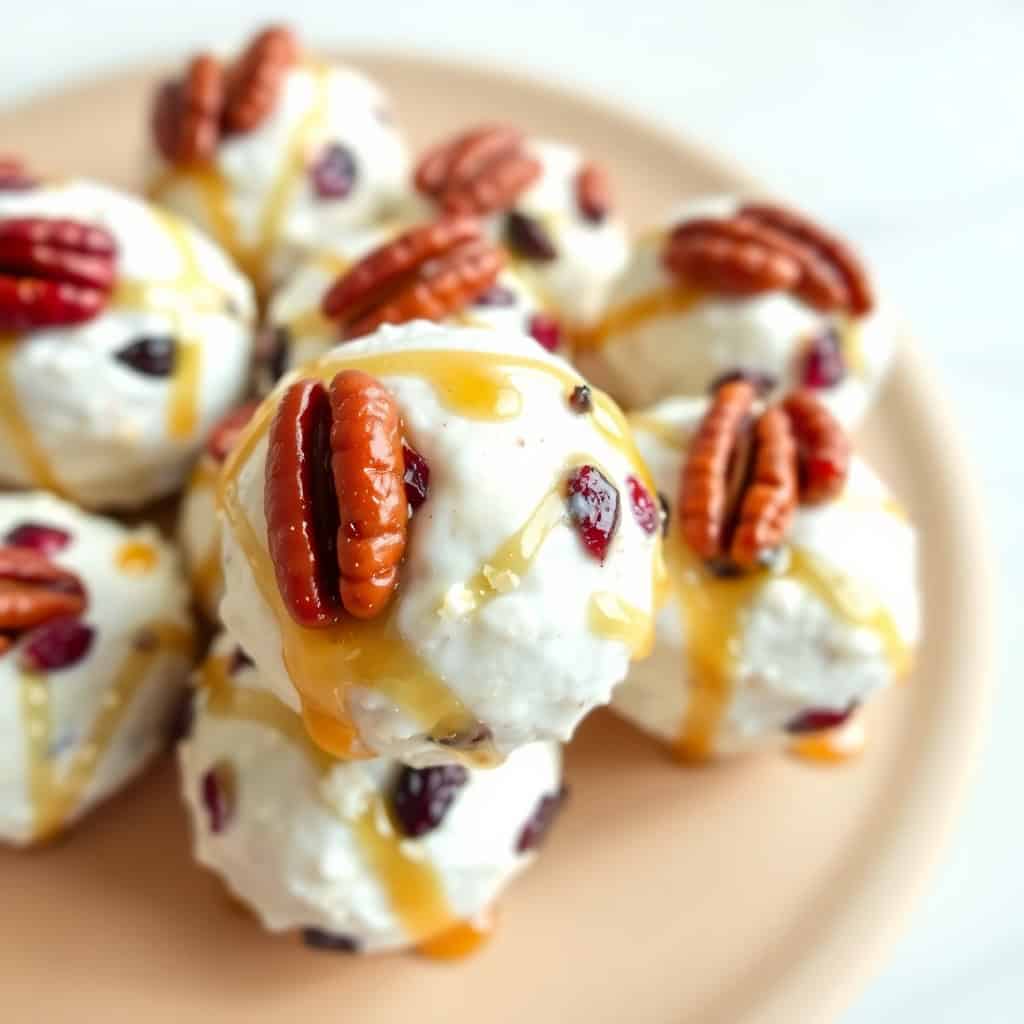 Mini cranberry pecan goat cheese balls topped with pecans and drizzle on beige plate.