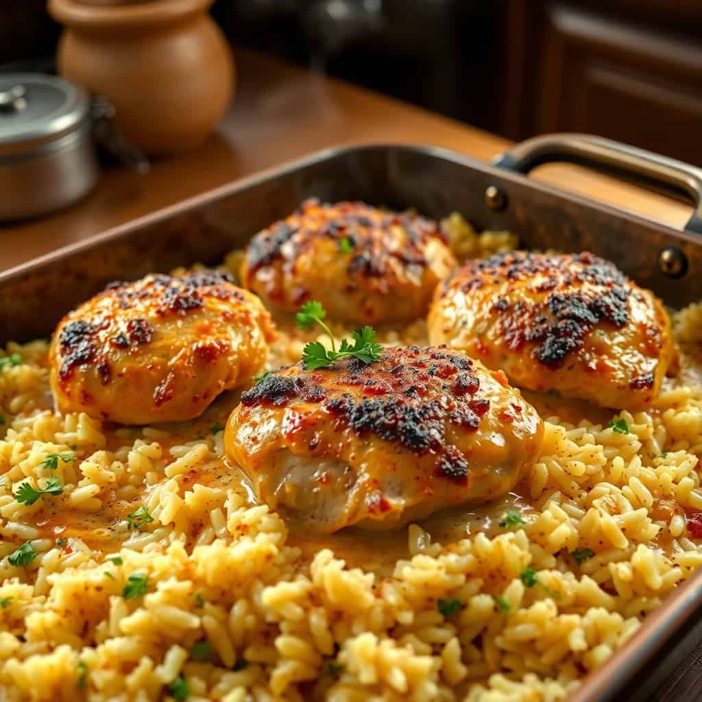 Golden-brown chicken thighs nestled on saffron rice, garnished with parsley in a cast iron skillet.