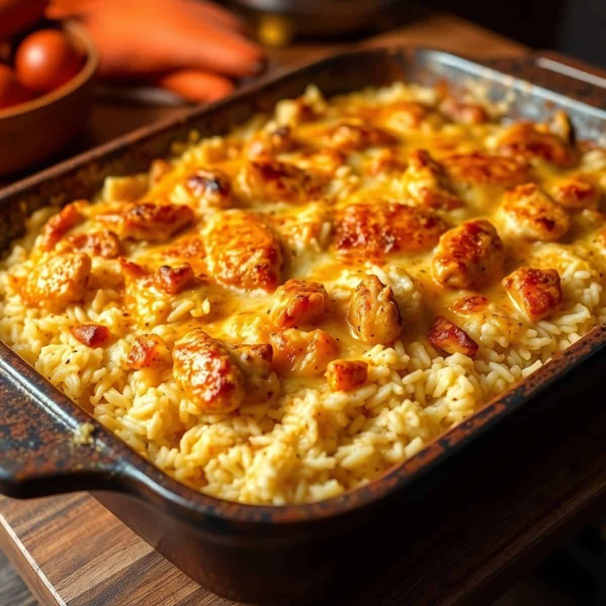 Golden-brown no-peek chicken casserole with rice in cast iron skillet, garnished with fresh carrots.