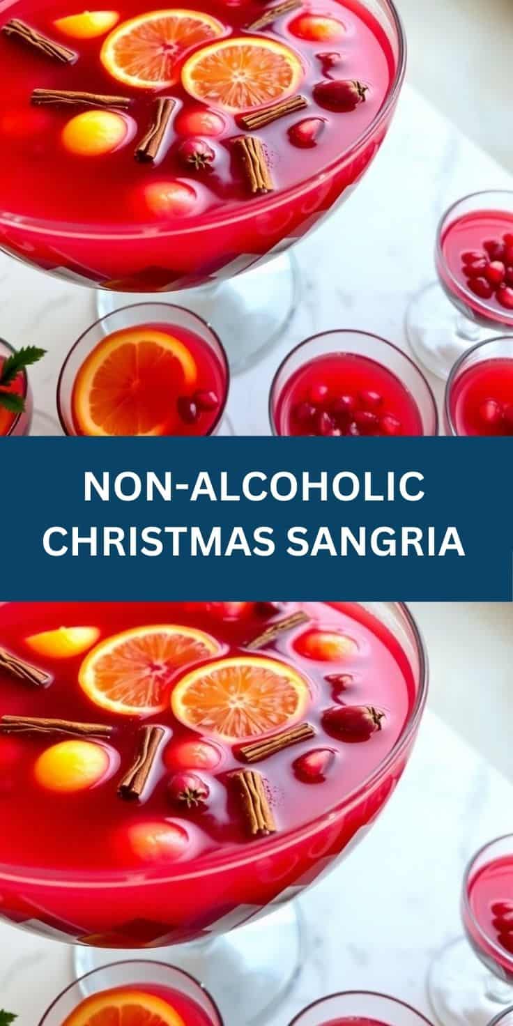 Red Christmas sangria in glass bowl and cups, garnished with orange slices, cinnamon sticks, and cranberries.