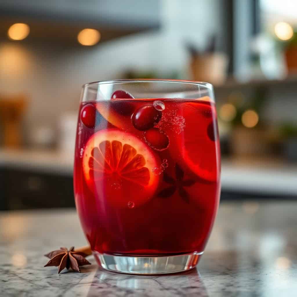 Red Christmas sangria with cranberries, grapefruit slices, and star anise in a glass.