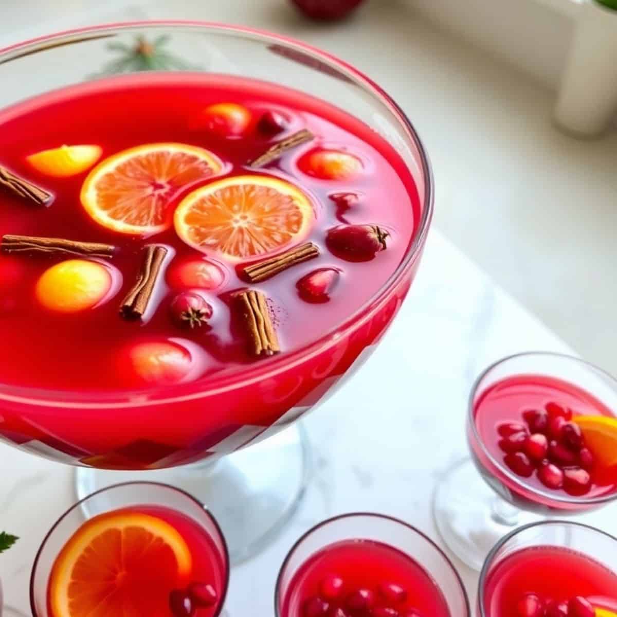 Red Christmas sangria in glass bowl and individual cups, garnished with orange slices and cinnamon sticks.