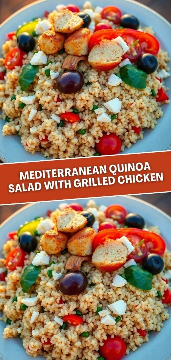 Mediterranean quinoa salad with grilled chicken, tomatoes, olives, feta cheese on blue plate.