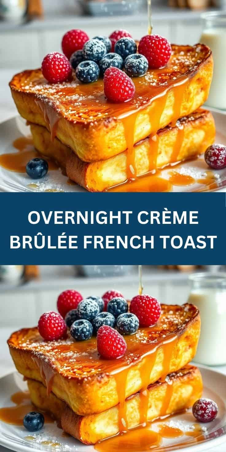 Stacked overnight crème brûlée French toast with caramelized top, berries, powdered sugar, and caramel drizzle.