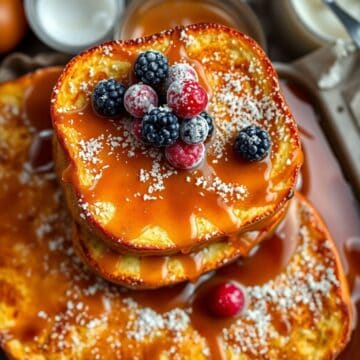 Overnight crème brûlée French toast stack topped with powdered sugar and fresh berries.