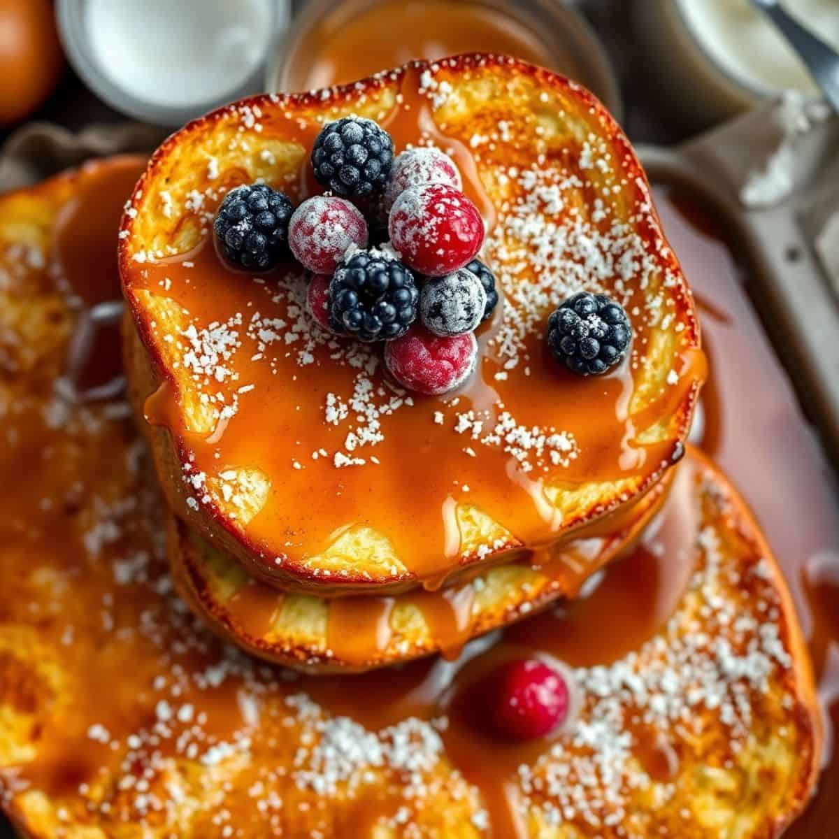 Overnight crème brûlée French toast stack topped with powdered sugar and fresh berries.