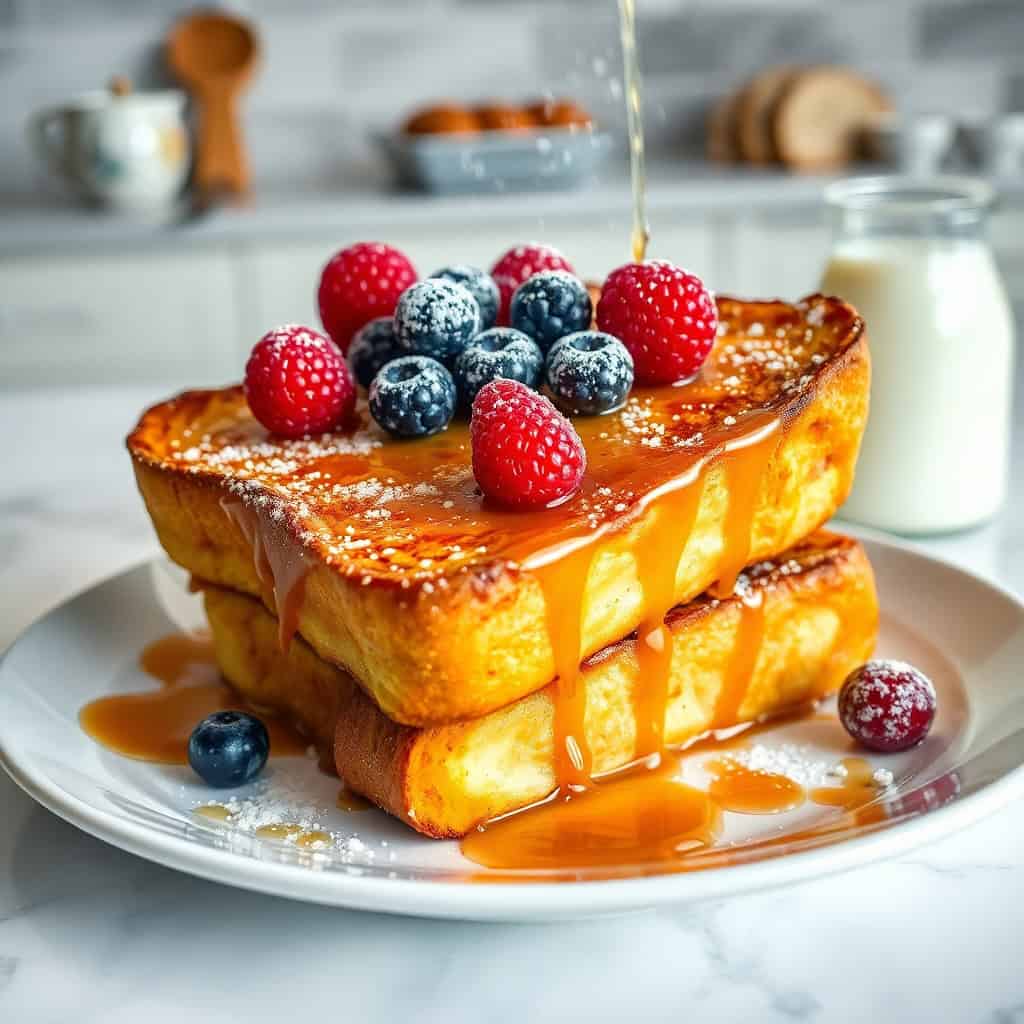 Stacked crème brûlée French toast topped with berries, powdered sugar, and caramel drizzle on white plate.