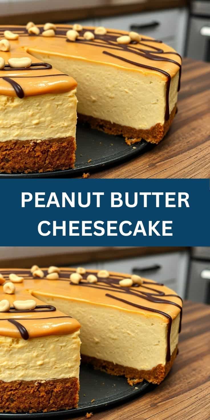 Peanut butter cheesecake with chocolate drizzle and peanut garnish on black plate, slice removed.