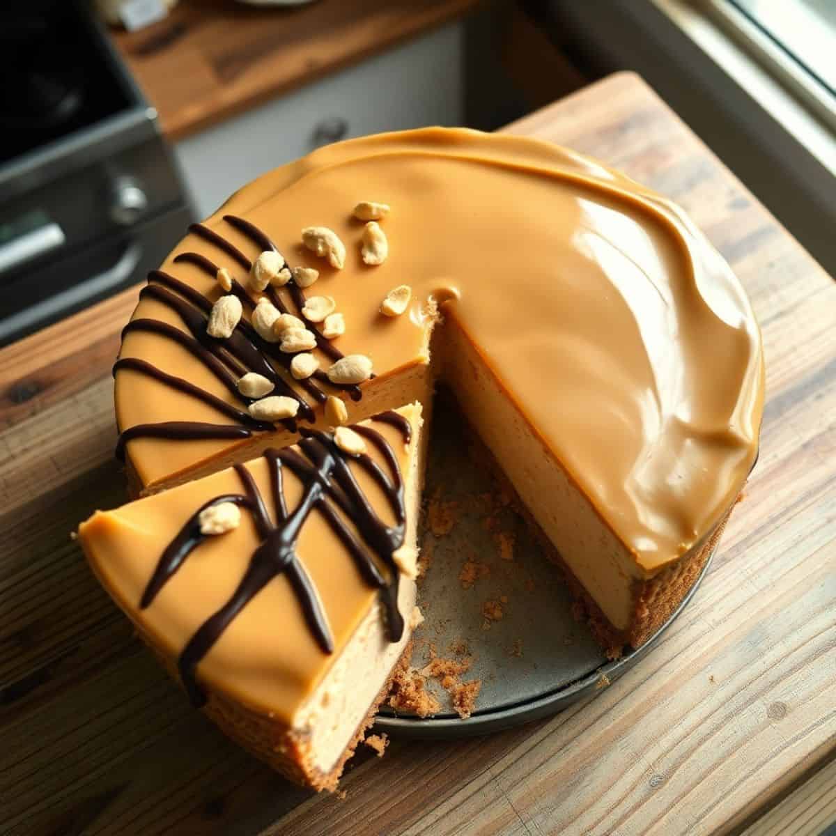 Peanut butter cheesecake with chocolate drizzle and peanut garnish on wooden board.