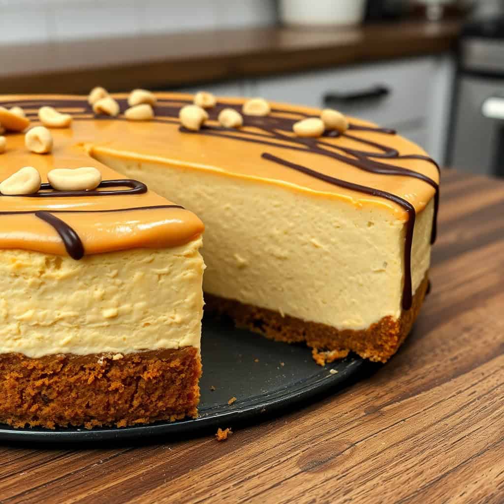 Peanut butter cheesecake with graham cracker crust, chocolate drizzle, and peanut garnish on black plate.