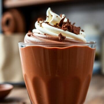 Chocolate mousse in glass cup topped with whipped cream and chocolate shavings garnish.