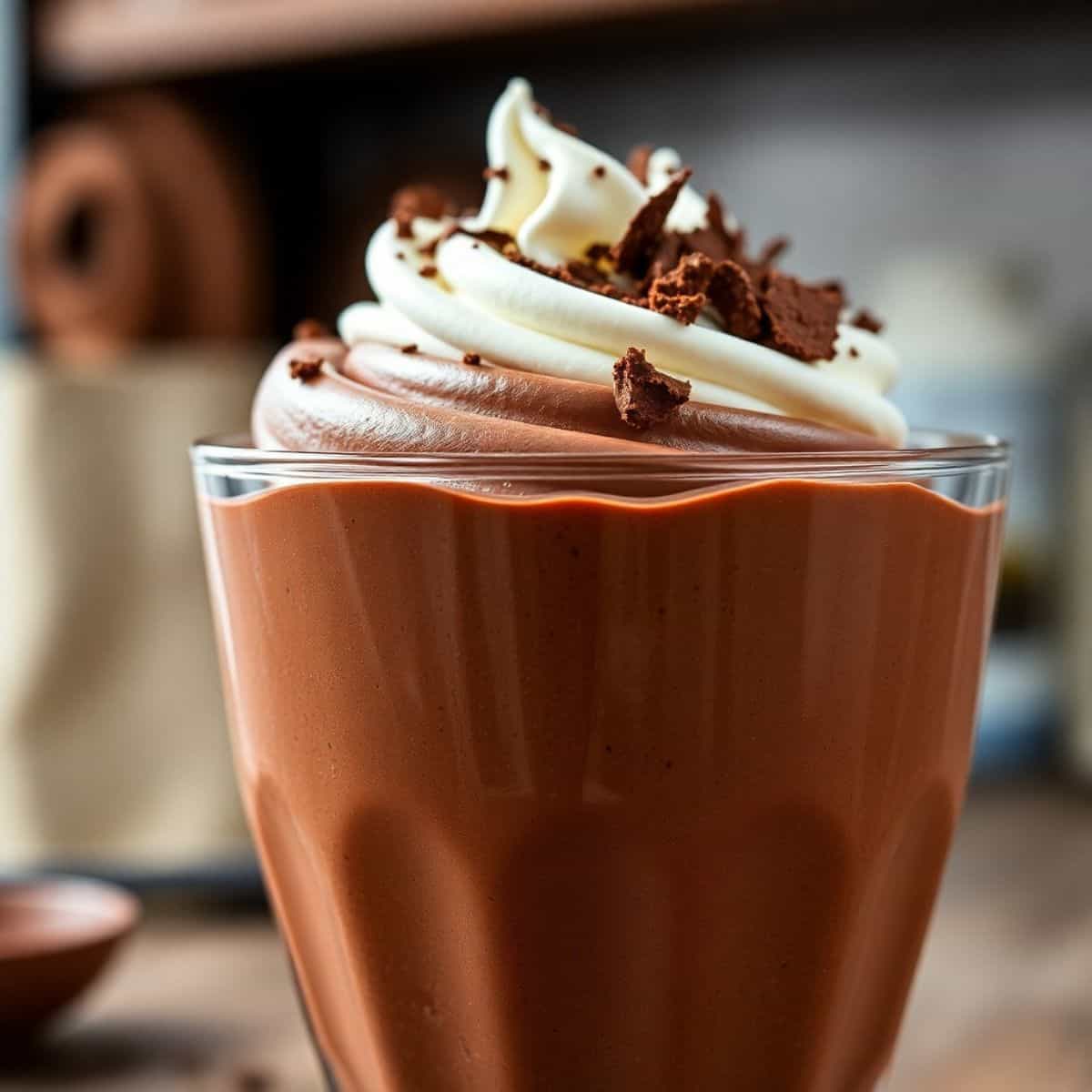 Chocolate mousse in glass cup topped with whipped cream and chocolate shavings garnish.