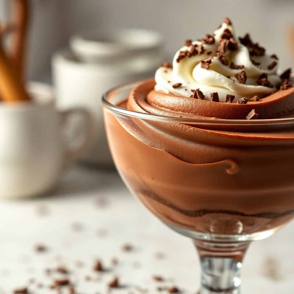 Chocolate mousse in glass bowl topped with whipped cream and chocolate shavings.