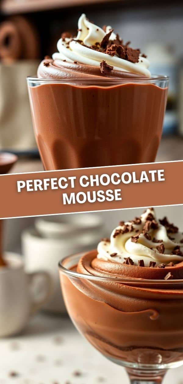 Chocolate mousse in glass cups topped with whipped cream and chocolate shavings.