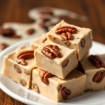 Creamy tan pralines and cream fudge squares topped with pecan halves on white plate.