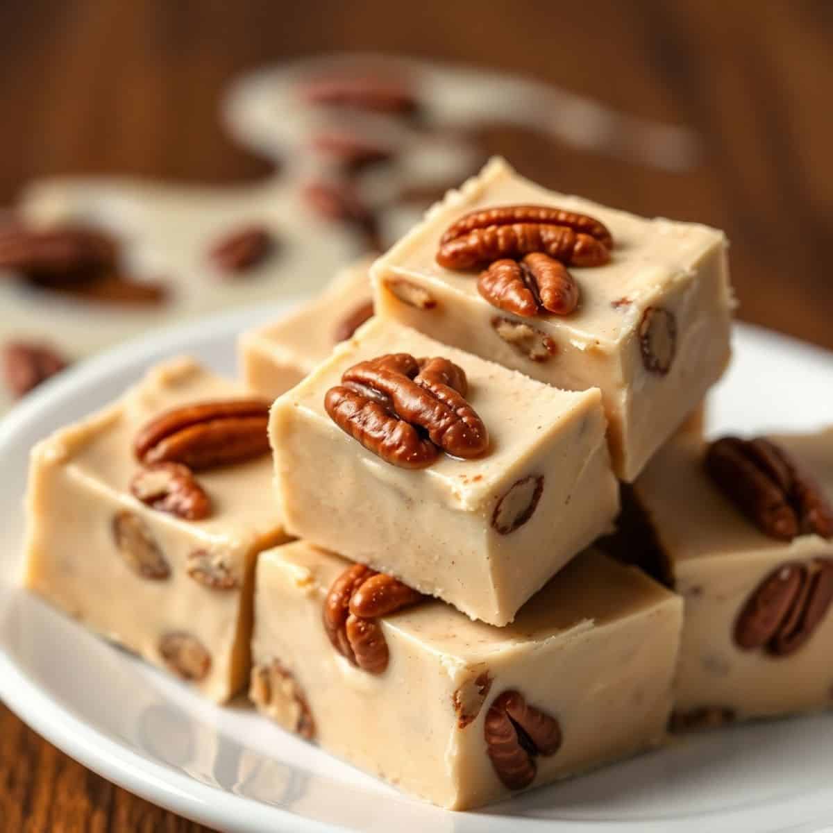 Creamy tan pralines and cream fudge squares topped with pecan halves on white plate.