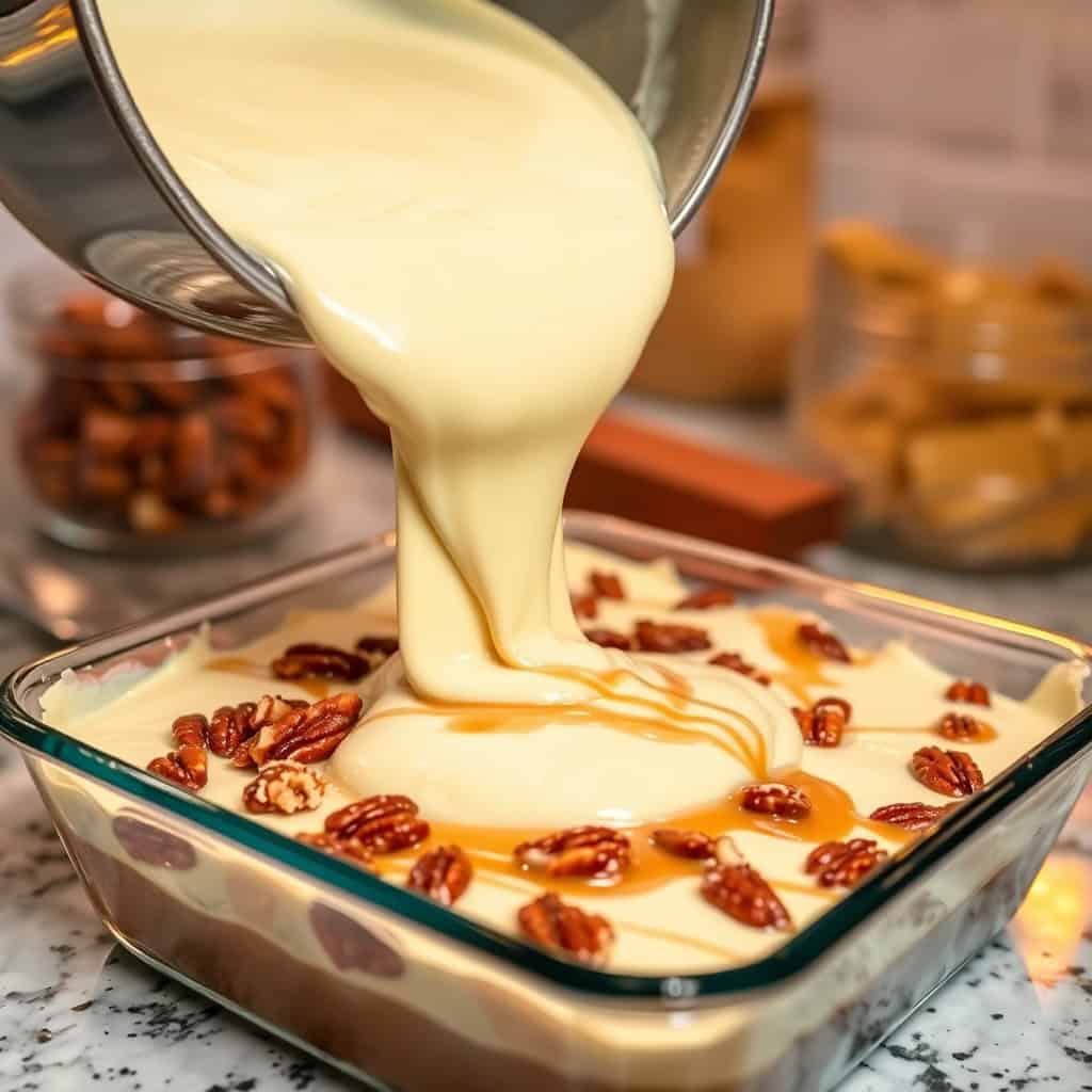 Creamy fudge mixture being poured into glass baking dish topped with pecans.