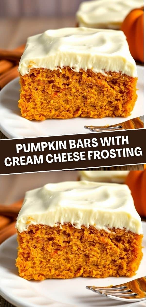Pumpkin bars with thick cream cheese frosting on white plate with fork and pumpkin background.