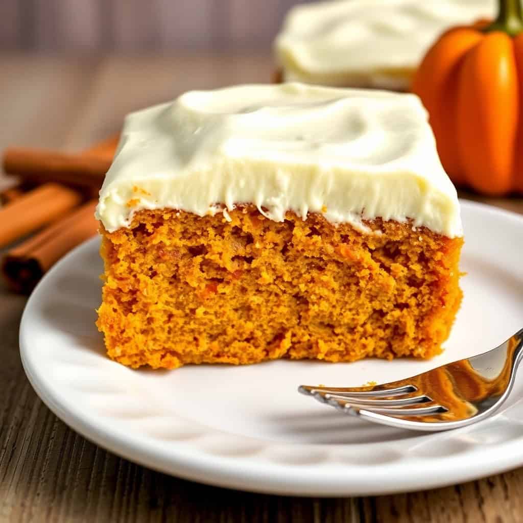 Slice of pumpkin cake with cream cheese frosting on white plate, cinnamon sticks and pumpkin visible.
