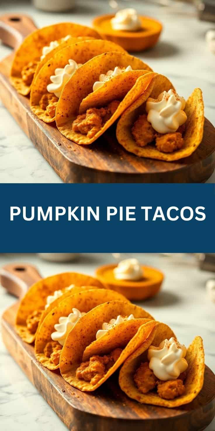 Pumpkin pie tacos with crispy shells, filled with spiced filling and topped with whipped cream on wooden board.
