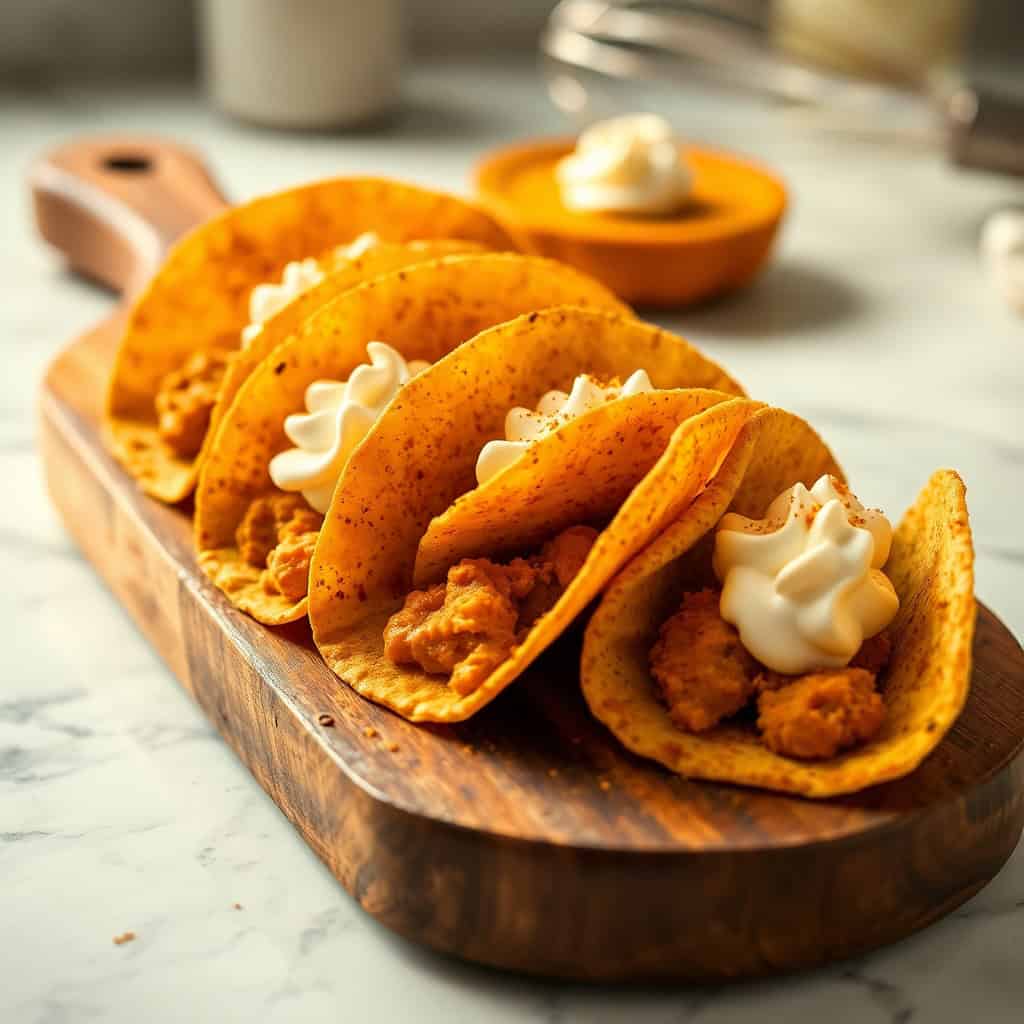 Pumpkin pie tacos with cinnamon-spiced shells, spiced filling, and whipped cream on wooden board.