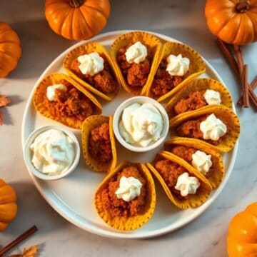 Pumpkin pie tacos arranged in circle on white plate with whipped cream dollops and dipping sauce.