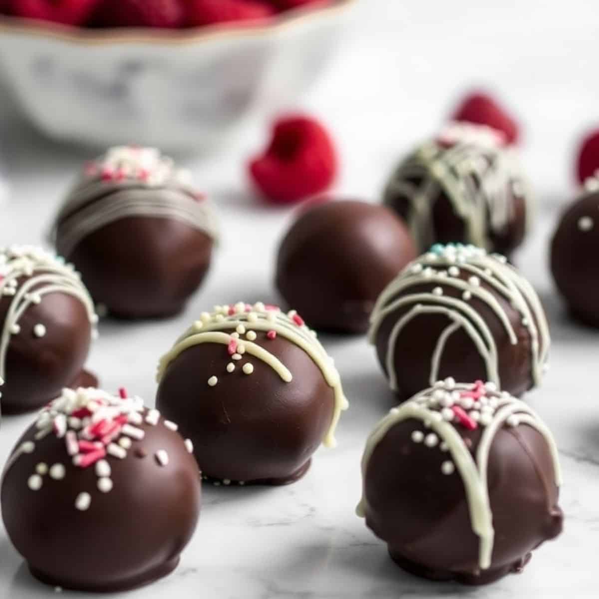 Chocolate-coated raspberry cheesecake balls garnished with white drizzle and pink sprinkles on marble surface.