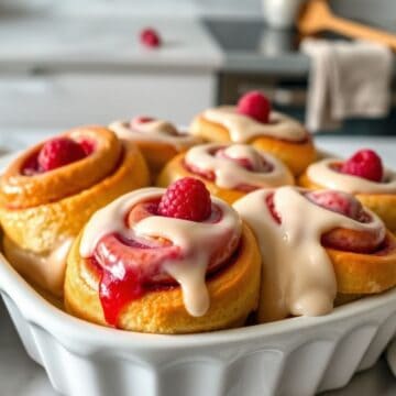 Raspberry cinnamon rolls with cream cheese frosting and fresh raspberries in a white serving dish.