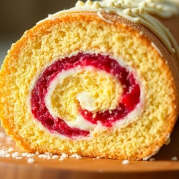 Sliced raspberry white chocolate cake roll with golden sponge, red filling, and white frosting on brown surface.