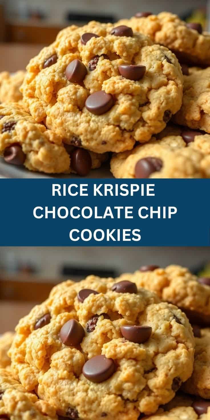 Golden rice krispie chocolate chip cookies stacked on white plate with crispy, bumpy texture and dark chocolate pieces.