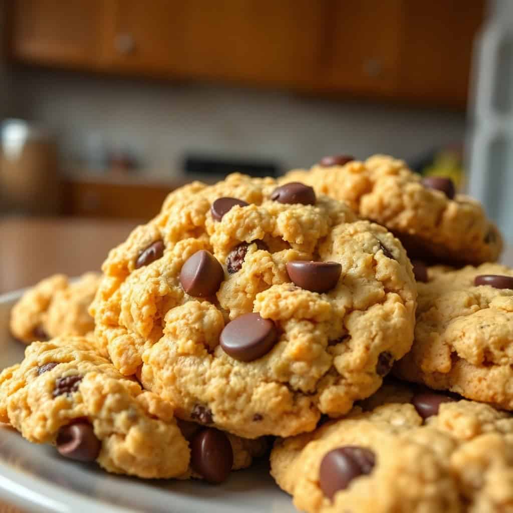 Rice Krispie chocolate chip cookies stacked on white plate in kitchen setting.
