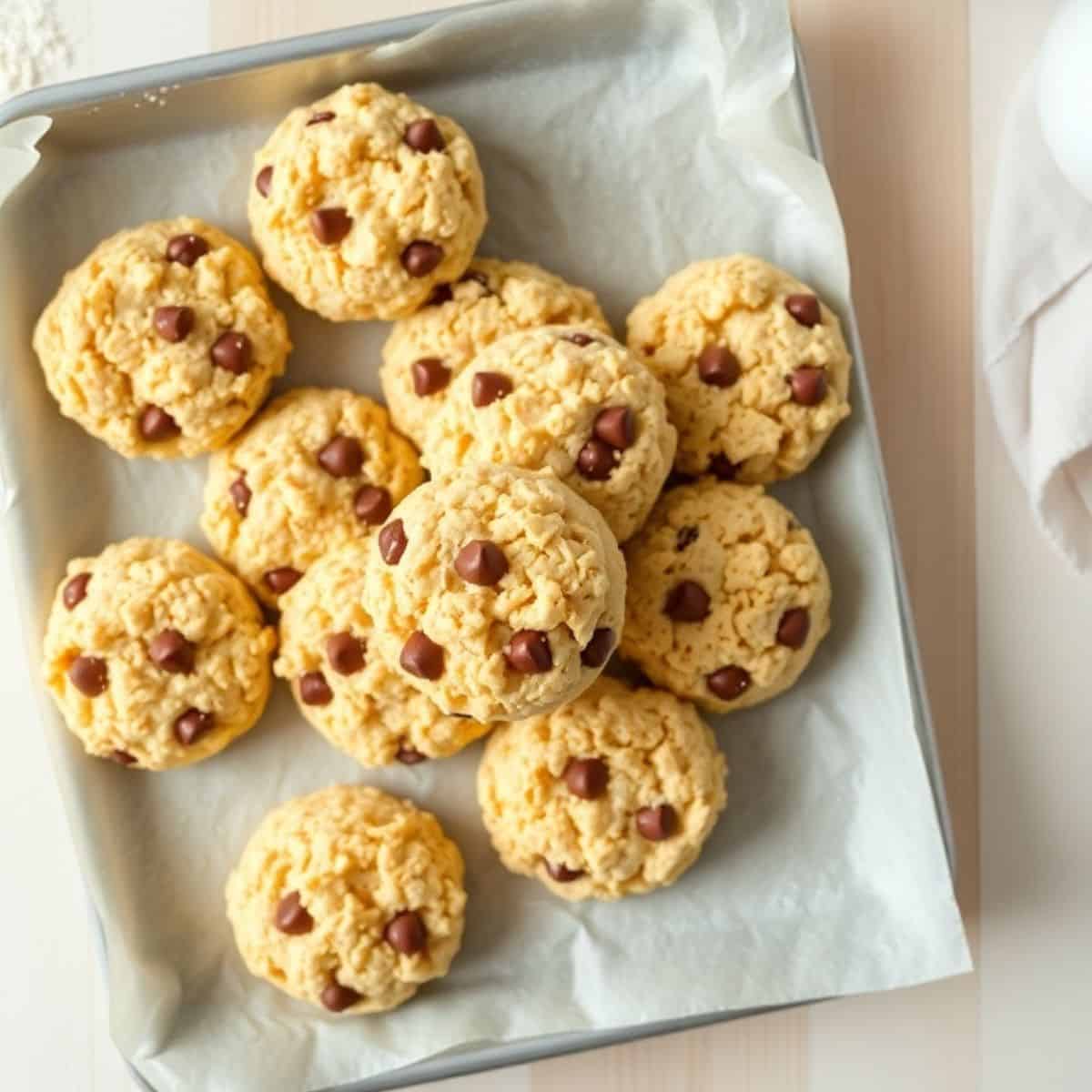 Rice Krispie chocolate chip cookies arranged on parchment paper in a baking tray.
