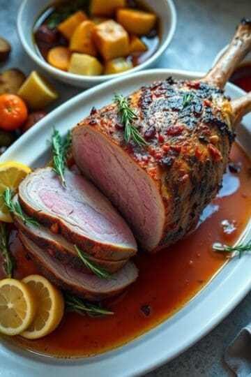 Roasted leg of lamb with golden-brown crust, sliced to show pink center, garnished with rosemary and lemon.