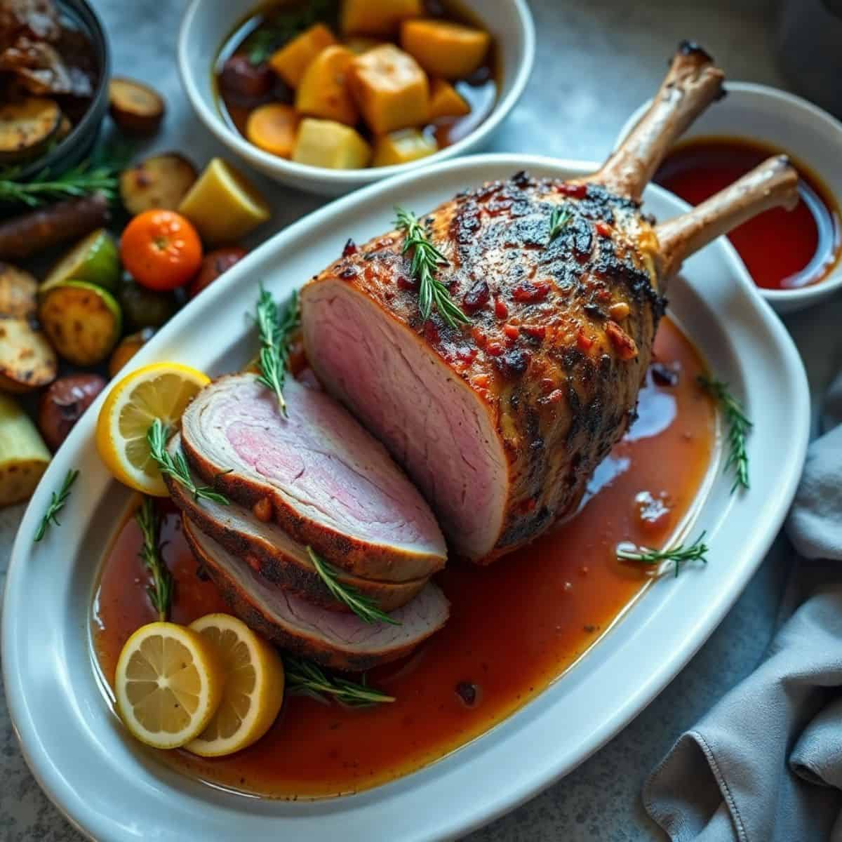 Roasted leg of lamb with golden-brown crust, sliced to show pink center, garnished with rosemary and lemon.