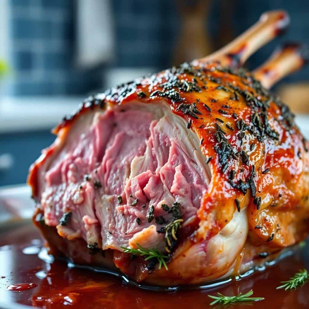 Herb-crusted roast leg of lamb with pink center, garnished with rosemary sprigs on dark plate.