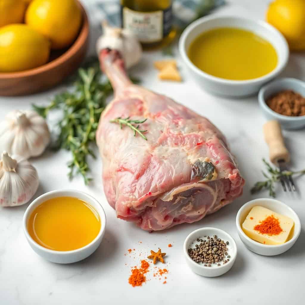 Raw leg of lamb surrounded by olive oil, lemons, garlic, rosemary, and spices on white surface.