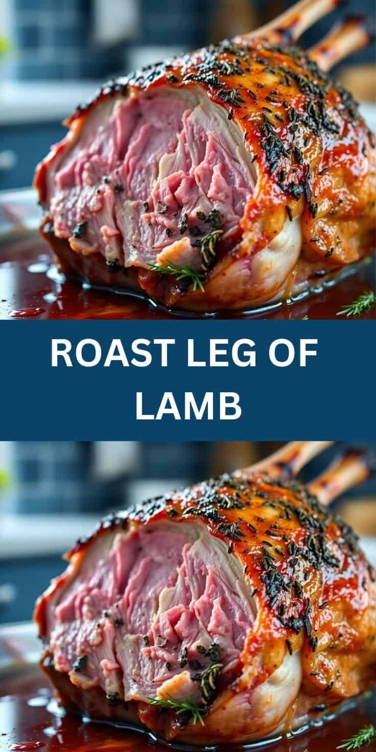 Sliced roast leg of lamb with herb crust, medium-rare interior, garnished with rosemary on dark plate.