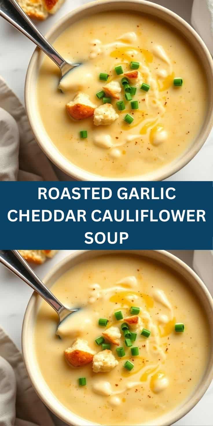 Creamy roasted garlic cheddar cauliflower soup in white bowl, garnished with green onions and croutons.