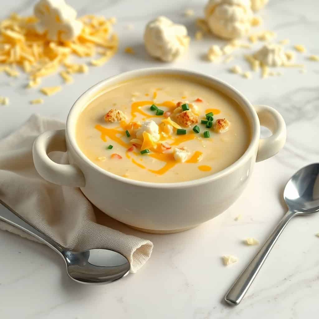 Creamy roasted garlic cheddar cauliflower soup in white bowl, garnished with shredded cheese, croutons, and chives.