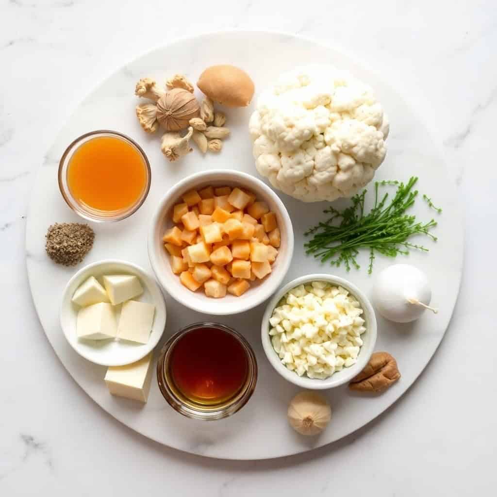 Ingredients for roasted garlic cheddar cauliflower soup arranged on white plate including cauliflower, cheese, broth, and ...