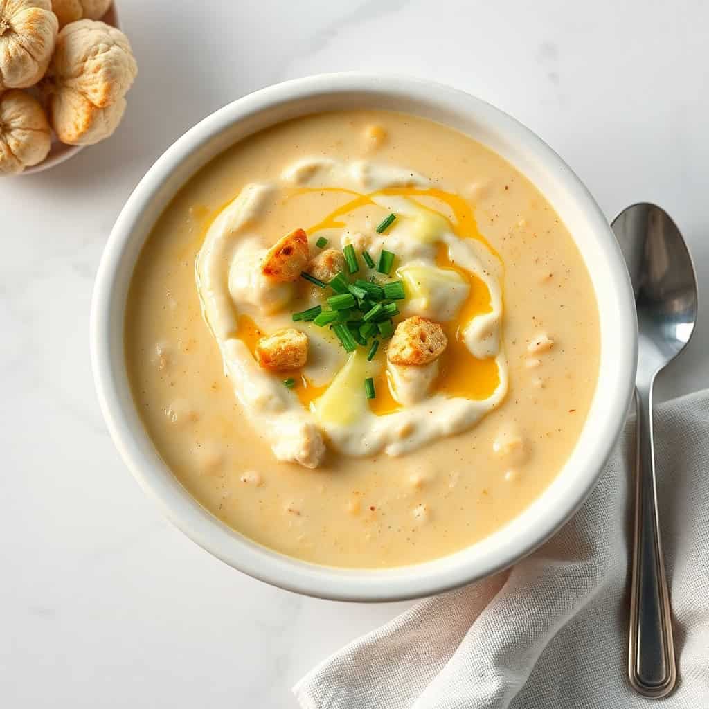 Creamy roasted garlic cheddar cauliflower soup in white bowl, garnished with croutons, chives, and cheese drizzle.