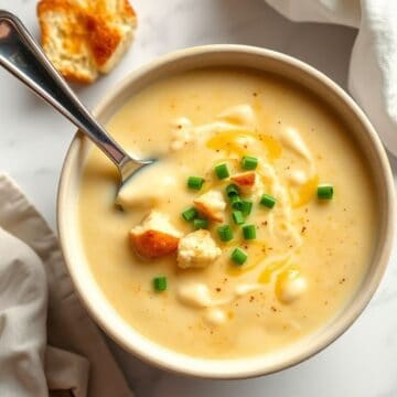 Creamy roasted garlic cheddar cauliflower soup garnished with green onions, croutons, and black pepper in a white bowl.